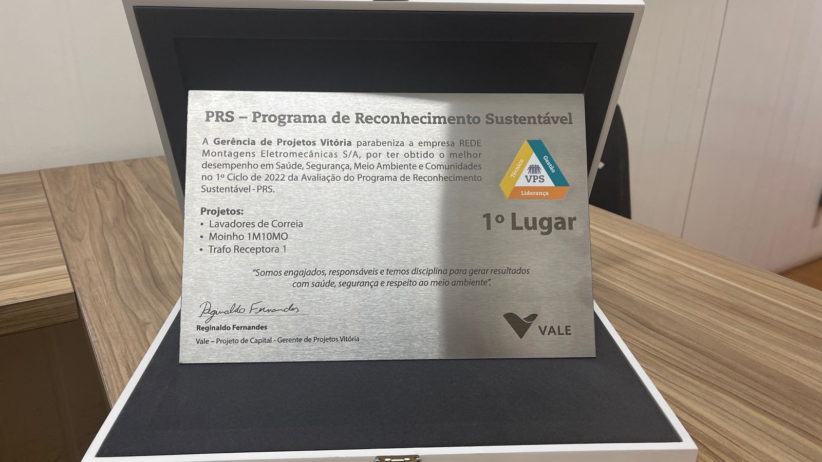 1º. Lugar no Programa de Reconhecimento Sustentável na Vale.